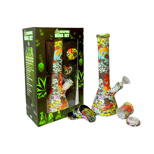 420 Graphic Glass Bong Set 14"+ 50mm 4Part Grinder + Stash Jar- OSH114 - GS1194 - www.justgovape.co.uk