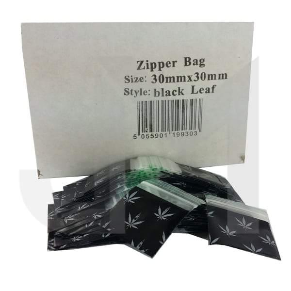 Zipper Branded 30mm x 30mm Black Leaf Bags - www.justgovape.co.uk