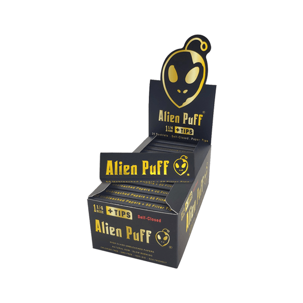 50 Alien Puff Black & Gold 1 1/4 Size Unbleached Brown Papers + Tips - www.justgovape.co.uk