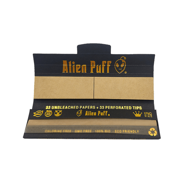 33 Alien Puff Black & Gold King Size Unbleached Brown Rolling Papers + Tips - www.justgovape.co.uk