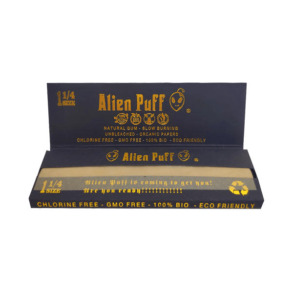 50 Alien Puff Black & Gold 1 1/4 Size Unbleached Brown Rolling Papers - www.justgovape.co.uk