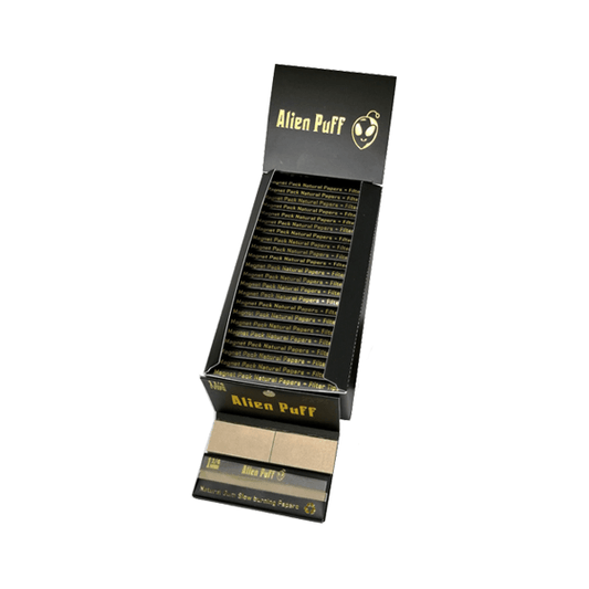 33 Alien Puff Black & Gold 1 1/4 Size Magnetic Unbleached Rolling Papers + Tips - www.justgovape.co.uk