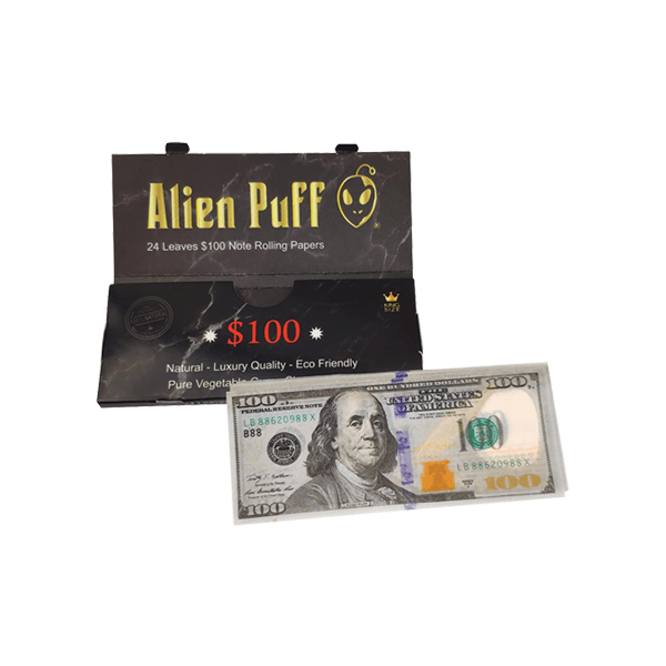 24 Alien Puff Black & Gold King Size $100 Note Rolling Papers - www.justgovape.co.uk